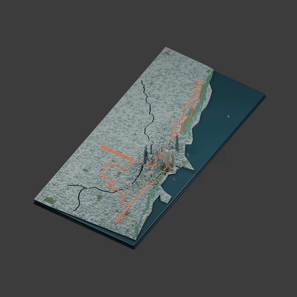 Three-dimensional Chicago Marathon course beside Lake Michigan