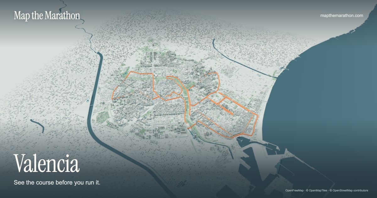 Three-dimensional Valencia Marathon course through the city and beside the Mediterranean